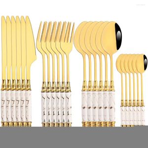 Dinnerware Sets Drmfiy 6/24Pcs Marble Texture Set White Gold Western Stainless Steel Tableware Knife Fork Spoons Kitchen Flatware