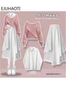 Two Piece Dress Preppy Style Sweet Wind Suit Female Student Korean Cross Sweatershirtskirt Three Piece Suit Skirt Sets Korea Style All Season 230403