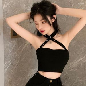 Canotte da donna Top coreano da donna Tinta unita Halter Sexy Slim Croptop Canotta con ombelico esposto
