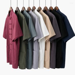 Herren-T-Shirts aus chinesischer Baumwolle und Leinen Tang-Anzug Sommer Kurzarm Layman's Hanfu Tai Chi Ethnic Shirt
