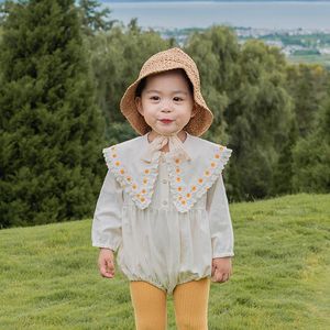 Rompers Spring Autumn Kid's Girl Princess Romper Cotton Daisy Turn-Down Collar One Piece Bodysuit Baby Toddar White Jumpsuits 4t