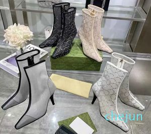 Pointed Toe Heeled Heel Boots Fashion Sexy Crystal Mesh Boot Zip Alfabetiska kvinnor Skor Lady Letter Thick High High Heels Large