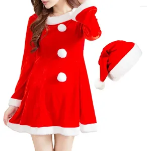Casual Dresses Christmas Claus Costume For Women Plysch Ball Decor Lång ärm Runda hals Kort röd klänning Hat Bag Outfit Party Cosplay