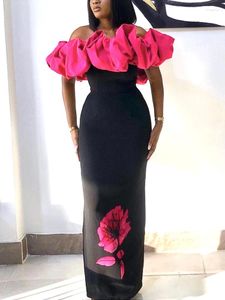 Sukienki swobodne Aomei Kobiety długa imprezowa sukienka z ramiona róża czarna patchwork Ruffle afrykańskie eleganckie gości weselne świętuj Maxi