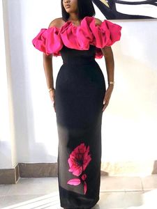 Abiti casual AOMEI Abito lungo da donna con spalle scoperte Rosa Nero Patchwork Volant Africano Elegante Invitato al matrimonio Compleanno Festeggia Maxi