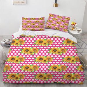 Conjuntos de cama Conjunto de capa de edredão botânica de girassol Conjunto de tinta vermelha impressa com círculos brancos flores amarelas e folhas verdes jardim floral jardim