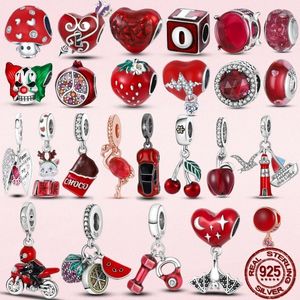 Srebro 925 Fit Pandora oryginalne charms DIY wisiorek kobiety bransoletki koraliki szczęście czerwony DIY wisiorki z koralików Plata De Ley Love Heart