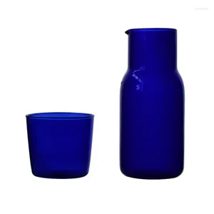 Conjuntos de chá Transparente Candy Color Glass Teacup Set Simples Resistente ao Calor Beber Copo de Suco com Chá Jarro Garrafa de Água -Azul