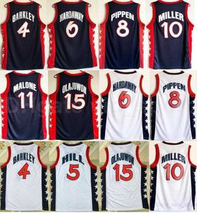 1996 US Dream Three Basketball 11 Karl Malone Jerseys Men Navy Blue White 5 Grant Hill 10 Reggie Miller 4 Charles Barkley