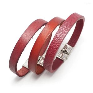 Bangle äkta läderarmband armband röda faux med säkert rostfritt stål avtagbart spännkuff