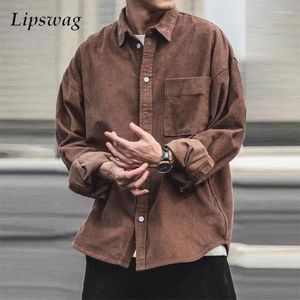 Men's Casual Shirts Fashion Corduroy Ribbed Shirt Jacket Men Buttoned Lapel Patch Pocket Cargo Fall Mens Stylish Pure Color Thick Tops