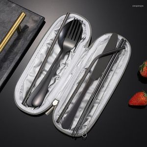 Dinnerware Sets 7-Pcs Portable Stainless Steel Tableware Set Travel Camping Cutlery Silverware With A Waterproof Case