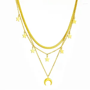 Chains 316L Stainless Steel Triple Layered Chain Star Moon Glossy Pendant Necklace Accessories For Women