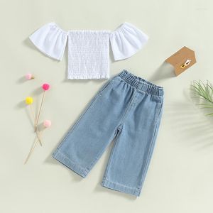 Kläder set Citgeesummer Kid Girls Outfits Off Shoulder Short Sleeve White Topps Jeans Denim Pants Clothes Set