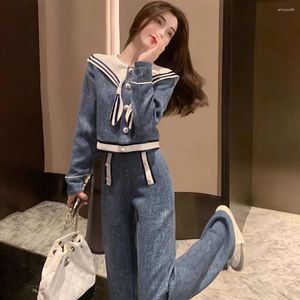 Kvinnors tvådelar Pants 2024 Spring Tracksuit 2 Set Women outfit Korean Loose Sailor Collar Crop Coat Casual Wide Leg Female Sweatshirt Set