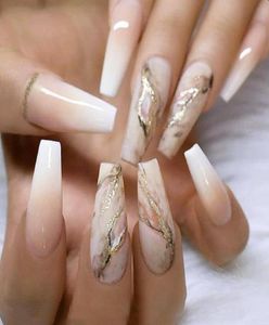 False Nails 24PcsSet Nude Gradient Fake Gold Foil Glue Type Removable Long Paragraph Fashion Manicure Fully Covered Nail Decorati7167899