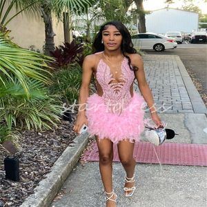 Elegant Pink Feather Prom Dress 2024 For Black Girls Elegant Luxury Sheath Mini Short Cocktail Party Wear Birthday Baddie Evening Formal Occasion Vestidos De Gala