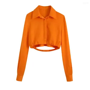 Women's Blouses Streetwear Sexy Crop Tops Women 2023 Fashion Lapel Collar Concealed Button Up Cropped Shirt Elastic Hem Orange Long Sleeve