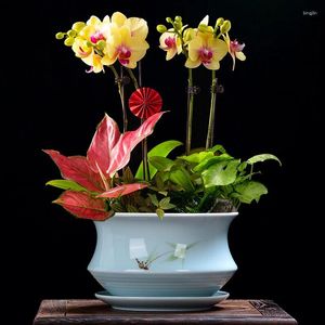 Vasos China Yixing Vaso de flores Decoração de casa Retro Celadon Vaso Interior Vegetação Paisagem respirável com bandeja