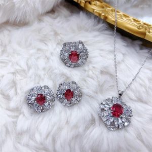 Chains Climb On The High-grade Infection Pigeon's Blood Ruby Colorful Treasure Three-piece Ring Stud Earring Necklace Women's Temper