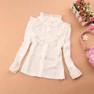 Kids Shirts Spring Autumn 2-16Y Chiffon Ruffled Lace Baby Youth Big Girl White Shirt Long Sleeve School Girl Top Children's Shirt 230403