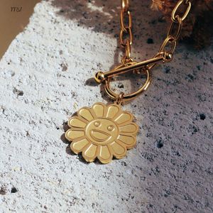 Pendant Necklaces Happy Smily Face Sunflower For Women Stainless Steel Gold T-bar Cute Kawaii Teenage Egirls Summer Jewel