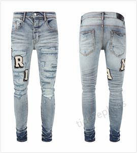 Herren-Jeans in Lila, Designer für Herren-Wanderhose, zerrissene High-Street-Fashion-Marke, Pantalones Vaqueros Para Hombre, Motorrad-Stickerei, enge Passform