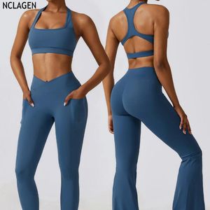 Aktiva uppsättningar Nclagen Yoga Set Pocket Sexig snabb torr kvinnors fitnessdräkt tätt löpande sportbh och leggings gymträning sportkläder