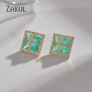 Brincos de garanhão zakol moda verde quadrado zircão para mulheres shinny flor pedra brinco meninas festa casamento jóias 2023