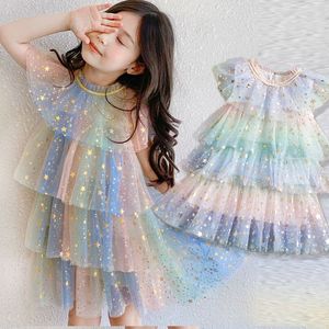 Flickans klänningar Girls Dress Children's Clothing Fashion Rainbow Color Cake Dress Tutu kjol Säklad pentagram Unicorn Dress 230403