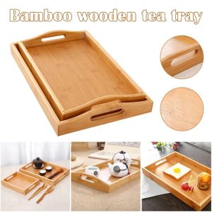 Wooden Bamboo Rectangular Serving Tray Kung Fu Tea Cutlery Trays Storage Pallet Fruit Plate with Handle NEW