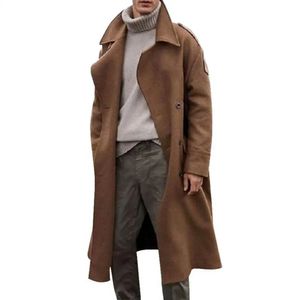 Misturas de lã masculina retro casaco de inverno masculino longo trench casual marrom quente streetwear jaqueta outerwear gota 231102