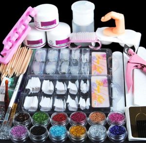 Akryl Nail Art Manicure Kit 12 Färg Nagel Glitter Powder Decoration Akryl Pen Brush False Finger Pump Nail Art Tools Kit Set5455293
