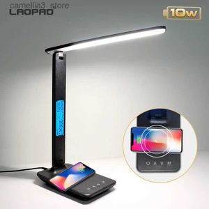 Desk Lamps LAOPAO 10W QI Wireless Charging LED Desk Lamp With Calendar Temperature Alarm Clock Eye Protect Study Business Light Table Lamp Q231104