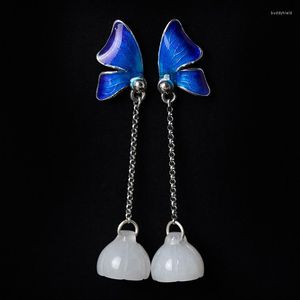 Dangle Küpeler Gerçek S925 STERLING Gümüş Emaye Kelebek Lotus Pod Antik DIY El yapımı süs eşyaları