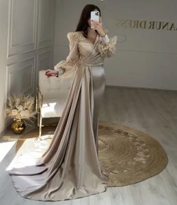 Champagne Glitter Sequined Prom Birthday Dress 2024 V-neck Long Puffy Sleeve Mermaid Evening Formal Gowns Arabic Dubai Celebrity Style Robe De Soiree