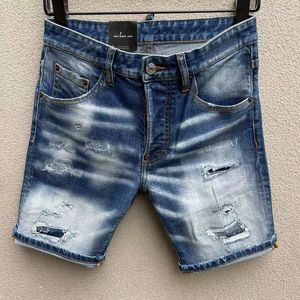 Herren Jeans Shorts Kurzer Jeans für Mann Blau Sommer Halbhose Herren Reithose Loch Metalknopf Reißverschluss Reißverschluss dünne, schickes fleckiges Wasser gewaschener Ahornblatt Designer