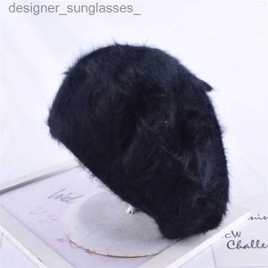 BERETS 1PCS Kvinnor Elegant Multicolor Artist Rabbit Fur Lin Newsboy Beanie Beret Hat Warm Winter Hat Retro Plain Beret Solid ColorL231103