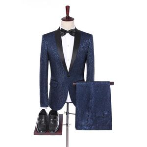 Herrenanzüge Blazer Real Po 2023 Neueste Mantel-Hose-Designs Elegantes Formales Blaues Kostüm Homme 2-teiliges Blumen-Smoking-Mann-Anzug-Set Rauchen Mas