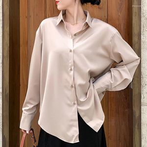 Women's Blouses Pink Satin Top Women Office Work Blouse 2023 Spring Autumn Casual Long Sleeve Turn-down Collar Shirt Ladies Elegant Loose