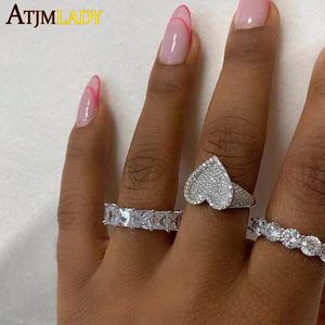 Bandringar 2023 Hip Hop Bling Full Cubic Zircon Sier Plated Ring isad Micro Pave 5a Cz Heart Shape Women Jewelry