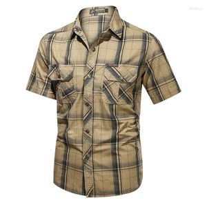 Mäns casual skjortor 2023 Summer Checkered Short Sleeve Shirt Pure Cotton Workwear Lose Stora Tun Half Top