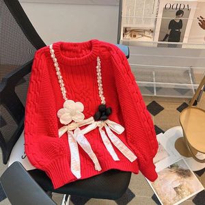 Frauen Pullover Designer Marke 3D Blume Bogen Oansatz Lange Ärmel Lose Pullover 2023 Herbst Strickwaren Roten Pullover