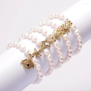 Strand 5 Pcs/lot Natural Freshwater Pearl Beads Pave Gold Color Zircon Cute Crown Sun Star Tiny Pendant Bracelet Woman Charm Jewelry