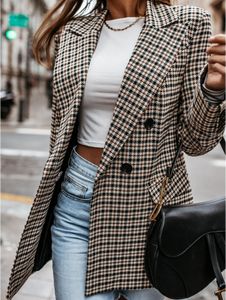 Damskie garnitury Blazery Plaid Blazer Kurtka Kobiety Spring Spring Autumn Long Rleeve Casual Slim Blazers Khaki Woman Płaszcze Fall Elegancki kombinezon biurowy 230403