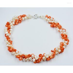 Choker High Quality. 9MM Natural Pink Baroque Pearl. Orange Coral. 3 Strand Necklace. Classic Women's Jewelry. 21 Inches