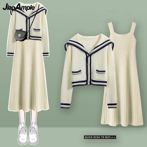 Tvådelad klänning Autumn Winter Women's Knit Jacket Tank Dress Two Piece Set Korean Preppy Style Sailor Collar Sweater Coat Dresses Outfits 230403