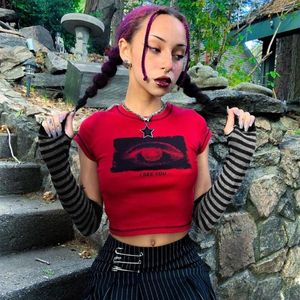 Camisetas femininas y2k olhos impressos colheita de impressão Tampo vermelho com luvas Camisa Contraste estético o Pescoço de manga curta Mulheres punk Pullovers fofos