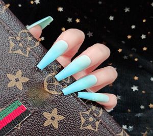 24st Blue Ombre Fake Nails Ballerina Long Coffin Matte Press On Nail False Tips Artificial Finger Manicure for Women and Girls7899361