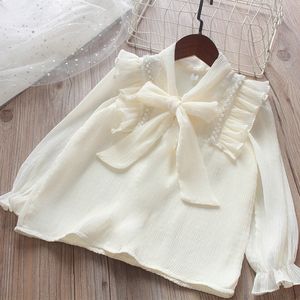 Kids Shirts Girls Blouses Spring Chiffon Long Sleeve Preppy Cute Kids Beige Shirts Cotton Girls Clothes School Uniform Vesidos 6 8 10 230403